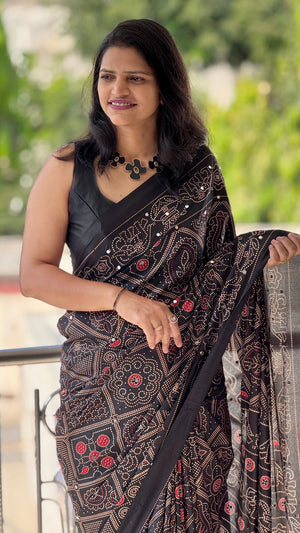 Festive Wear Silk Saree with Bandhani Print & Mirror Work With Blouse Piece — HOP200
