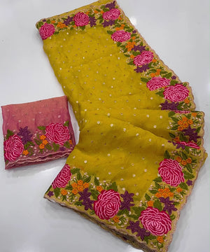 HOP161 — Shimmer Georgette Saree with Embroidery Work & Contrast Blouse