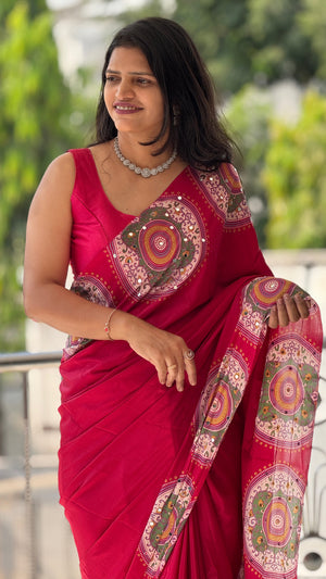 Festive Wear  Satin Silk Saree with Print Design, Mirror Work & Rich Pallu With Blouse Piece — HOP203