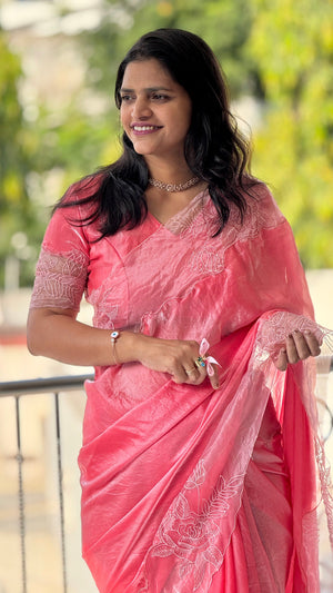 Party Wear Fendy Satin Saree with Embroidered Sleeves Running Blouse — HOP199