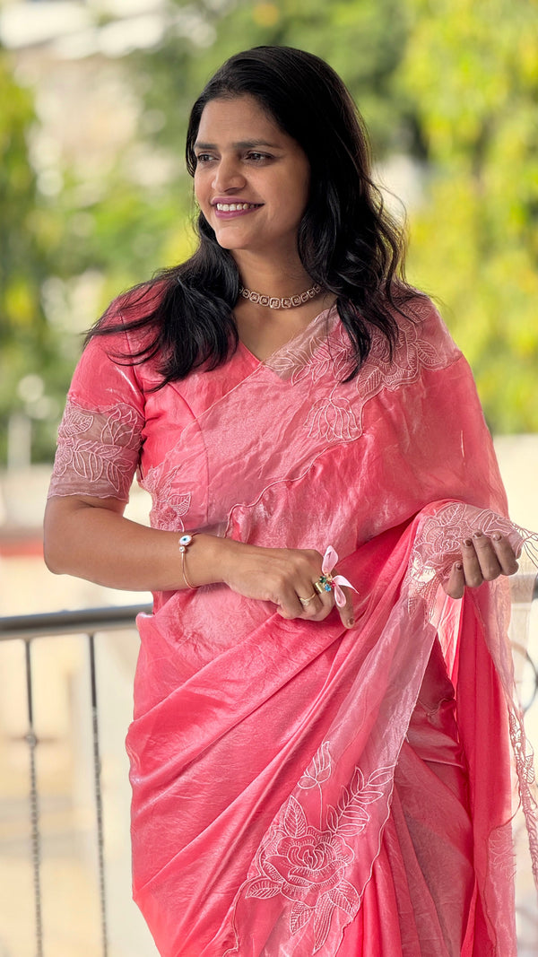 Party Wear Fendy Satin Saree with Embroidered Sleeves Running Blouse — HOP199