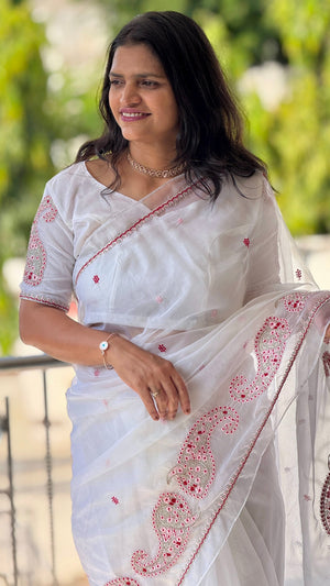 Festive Wear Tabby Organza Saree with Embroidered Sleeves Running Blouse — HOP198