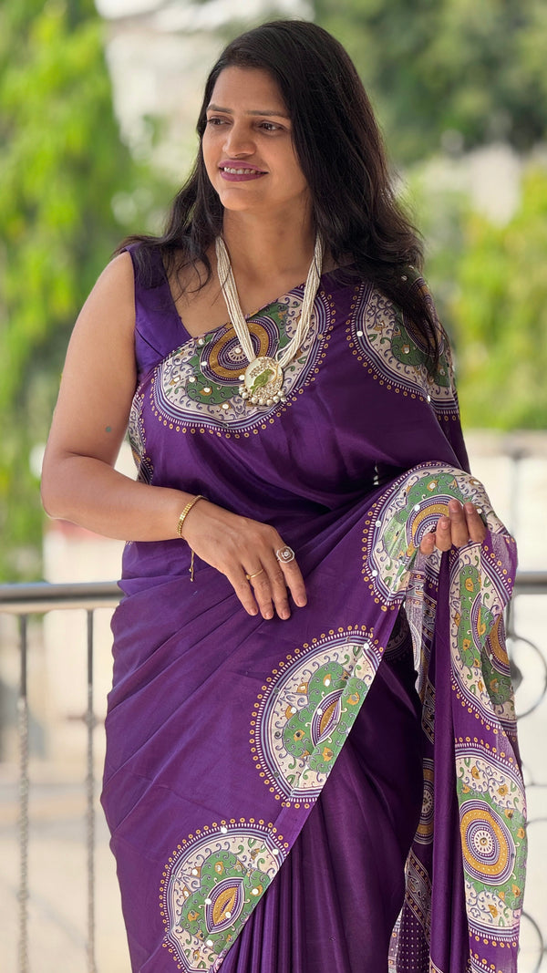 Festive Wear  Satin Silk Saree with Print Design, Mirror Work & Rich Pallu With Blouse Piece — HOP201