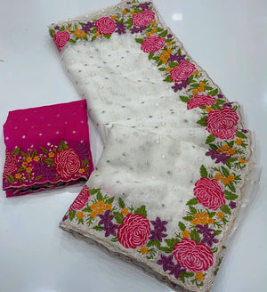 HOP161 — Shimmer Georgette Saree with Embroidery Work & Contrast Blouse