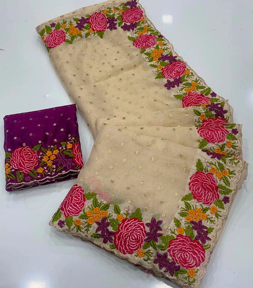 HOP161 — Shimmer Georgette Saree with Embroidery Work & Contrast Blouse