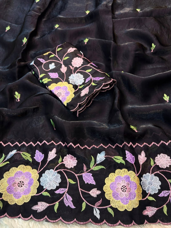 Party Wear Fendy Satin Saree with Multi Thread Embroidery — HOP180
