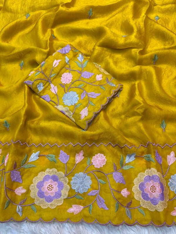 Party Wear Fendy Satin Saree with Multi Thread Embroidery — HOP180