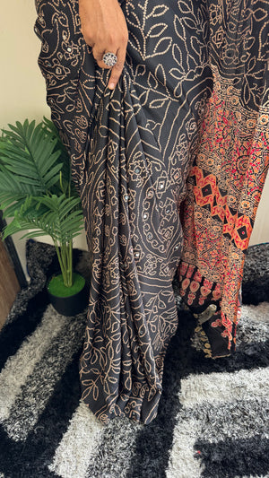 HOP152 — Black Satin Silk Unique Ajrak Print Mirror Saree