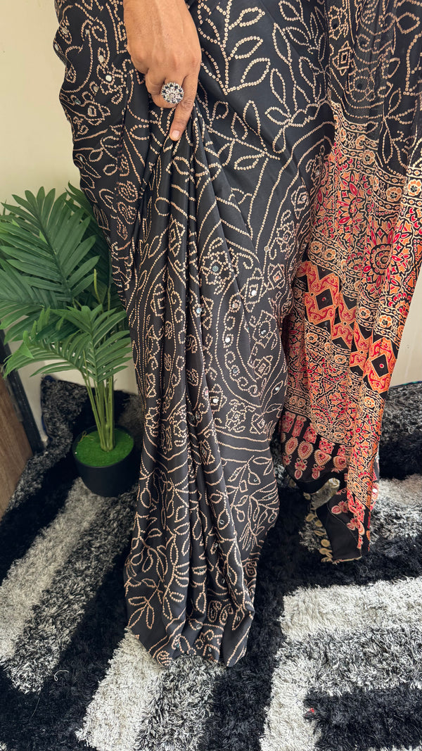 HOP152 — Black Satin Silk Unique Ajrak Print Mirror Saree