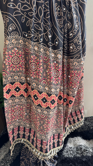 HOP152 — Black Satin Silk Unique Ajrak Print Mirror Saree