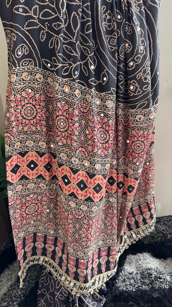 HOP152 — Black Satin Silk Unique Ajrak Print Mirror Saree