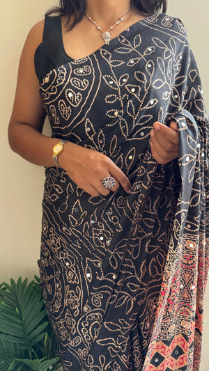 HOP152 — Black Satin Silk Unique Ajrak Print Mirror Saree