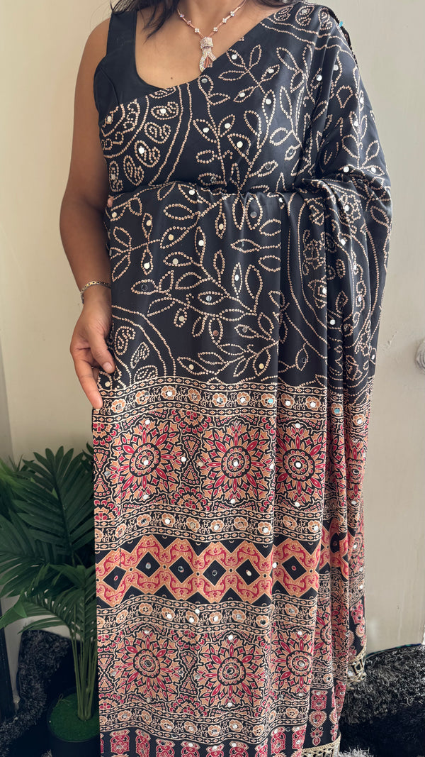 HOP152 — Black Satin Silk Unique Ajrak Print Mirror Saree