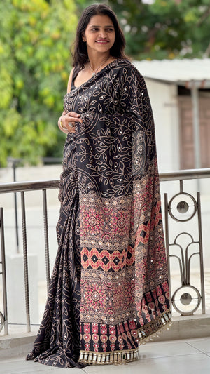 HOP152 — Black Satin Silk Unique Ajrak Print Mirror Saree