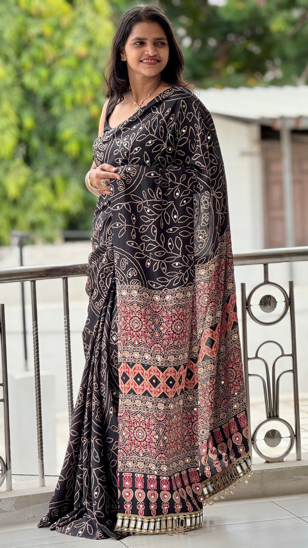 HOP152 — Black Satin Silk Unique Ajrak Print Mirror Saree
