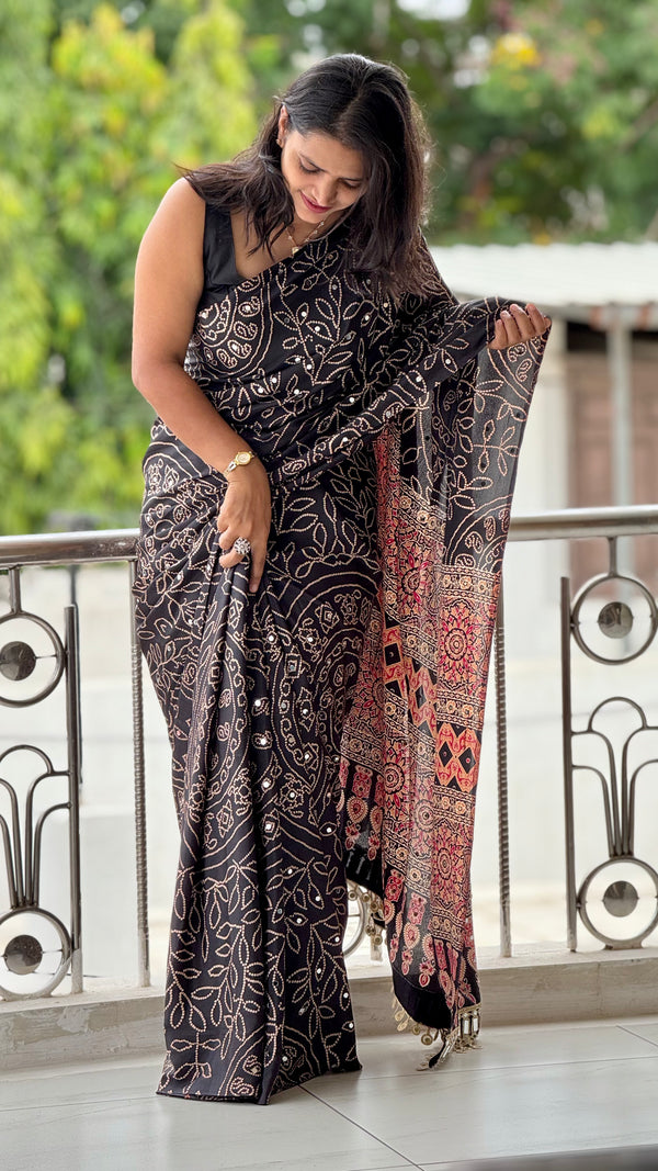 HOP152 — Black Satin Silk Unique Ajrak Print Mirror Saree