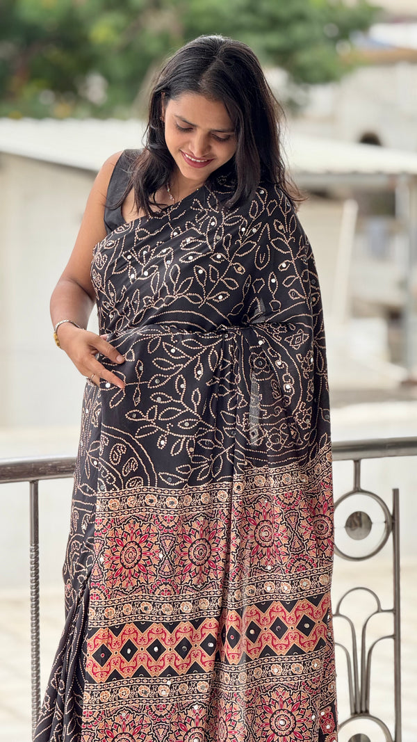 HOP152 — Black Satin Silk Unique Ajrak Print Mirror Saree