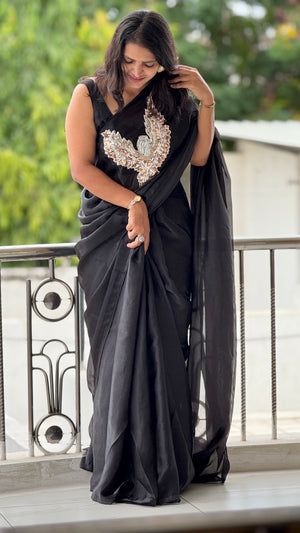 HOP153 — Soft Space Silk Designer Saree with Bird Patch & Tassel Work