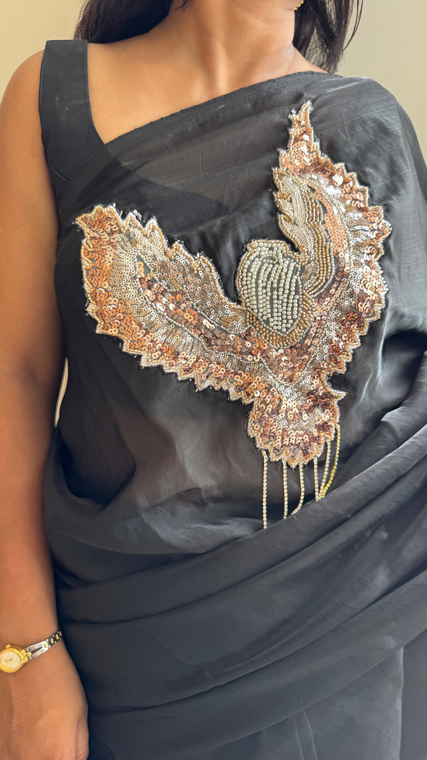 HOP153 — Soft Space Silk Designer Saree with Bird Patch & Tassel Work