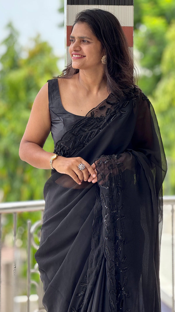 HOP155 — Black Georgette Heavy Embroidery Saree