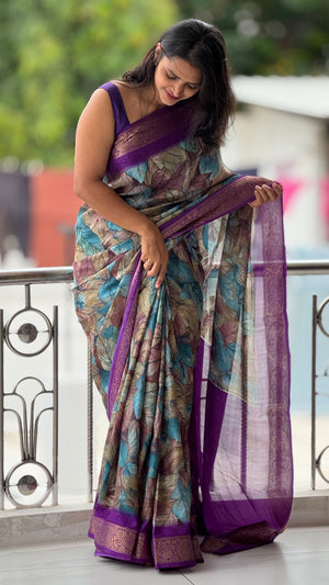 HOP158 — Pure Soft Silk Saree with Zari Border Unique Print