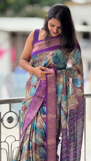 HOP158 — Pure Soft Silk Saree with Zari Border Unique Print