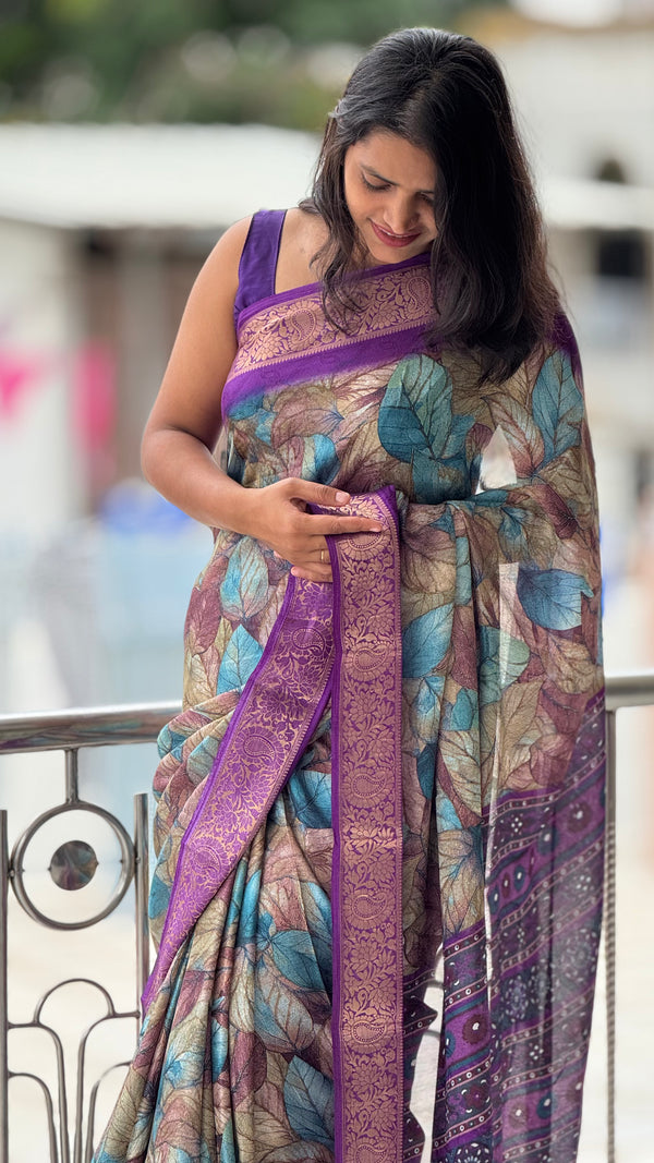 HOP158 — Pure Soft Silk Saree with Zari Border Unique Print