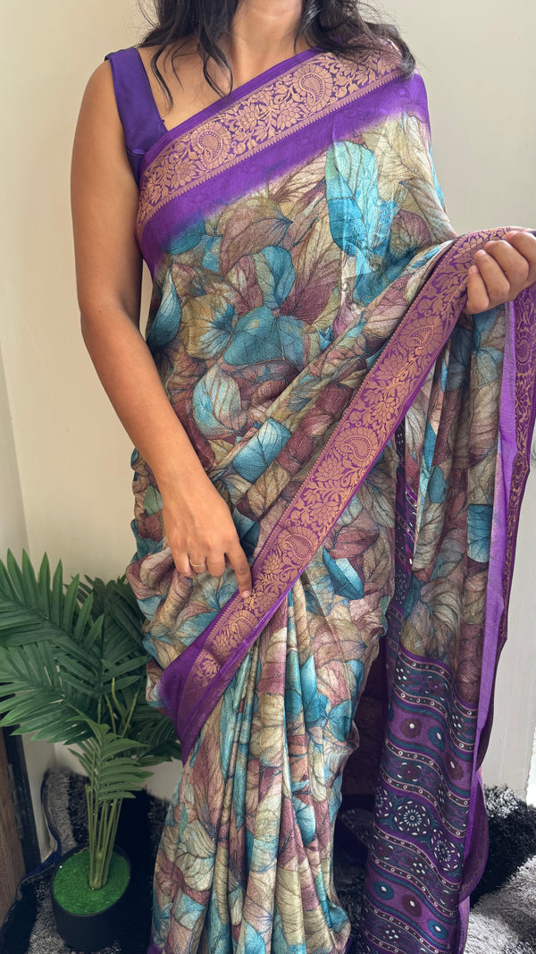HOP158 — Pure Soft Silk Saree with Zari Border Unique Print