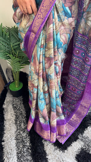 HOP158 — Pure Soft Silk Saree with Zari Border Unique Print