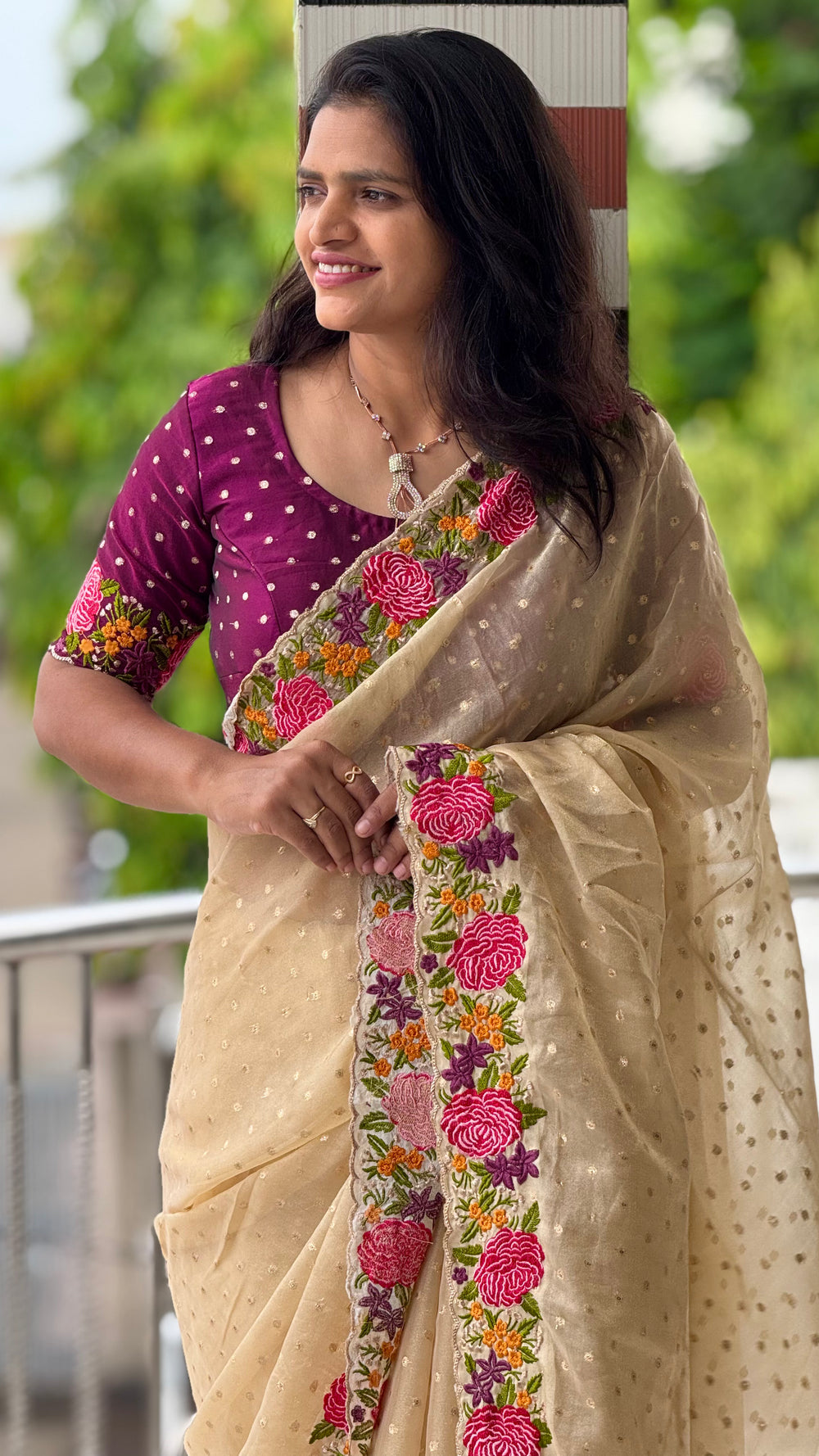 HOP161 — Shimmer Georgette Saree with Embroidery Work & Contrast Blouse