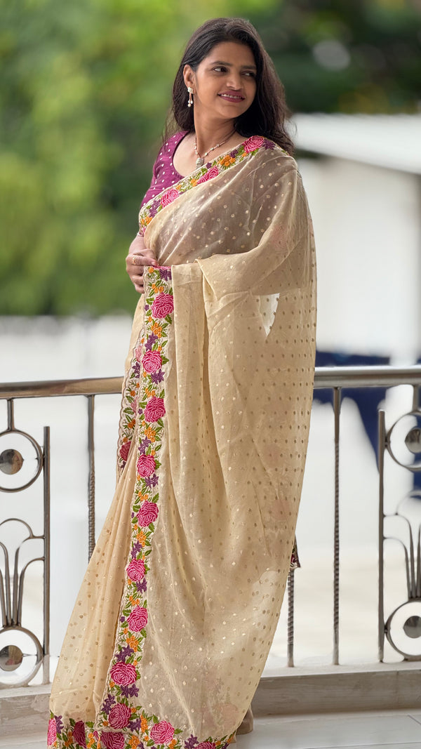 HOP161 — Shimmer Georgette Saree with Embroidery Work & Contrast Blouse