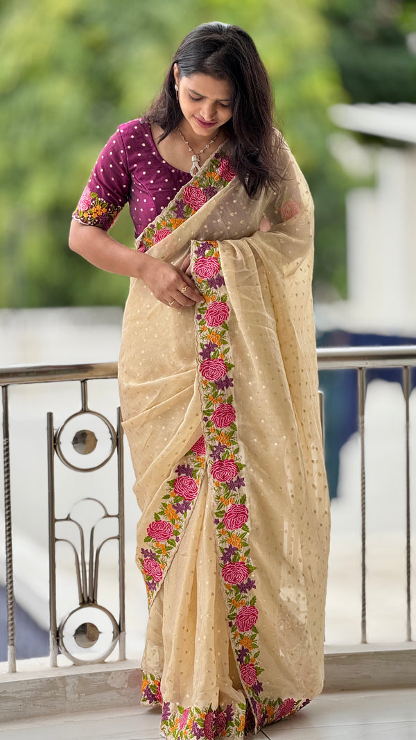 HOP161 — Shimmer Georgette Saree with Embroidery Work & Contrast Blouse