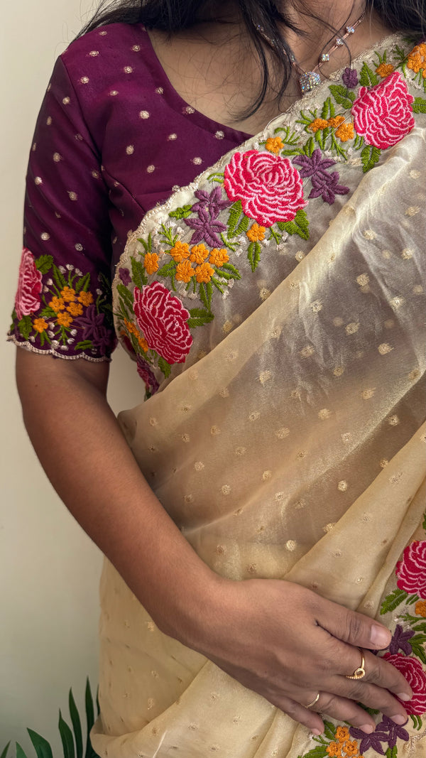 HOP161 — Shimmer Georgette Saree with Embroidery Work & Contrast Blouse