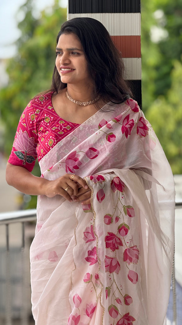 HOP156 — Pure Soft Silk Saree with Floral Print & Handwork