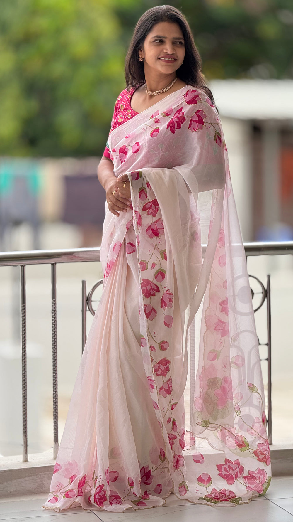 HOP156 — Pure Soft Silk Saree with Floral Print & Handwork