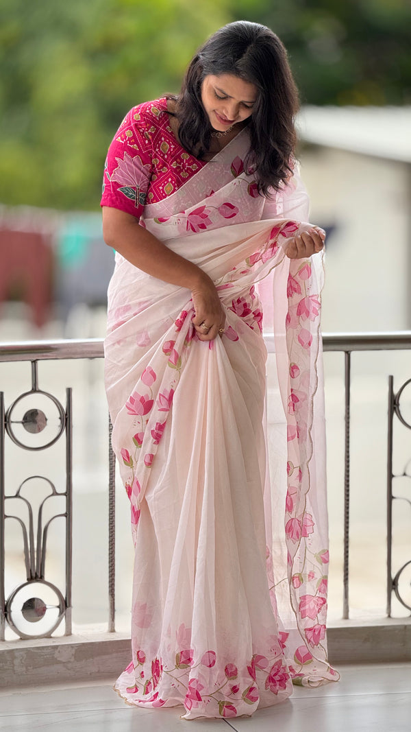 HOP156 — Pure Soft Silk Saree with Floral Print & Handwork