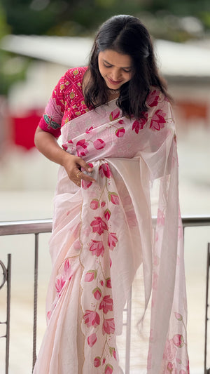 HOP156 — Pure Soft Silk Saree with Floral Print & Handwork