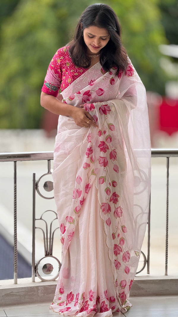 HOP156 — Pure Soft Silk Saree with Floral Print & Handwork