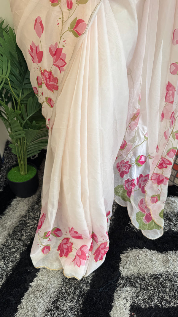 HOP156 — Pure Soft Silk Saree with Floral Print & Handwork