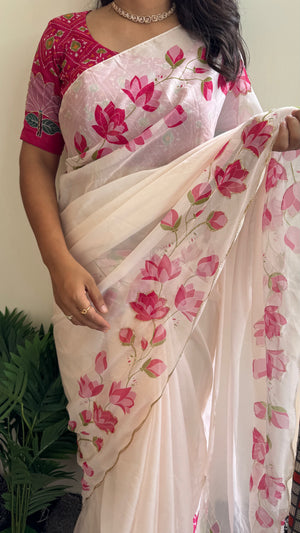HOP156 — Pure Soft Silk Saree with Floral Print & Handwork