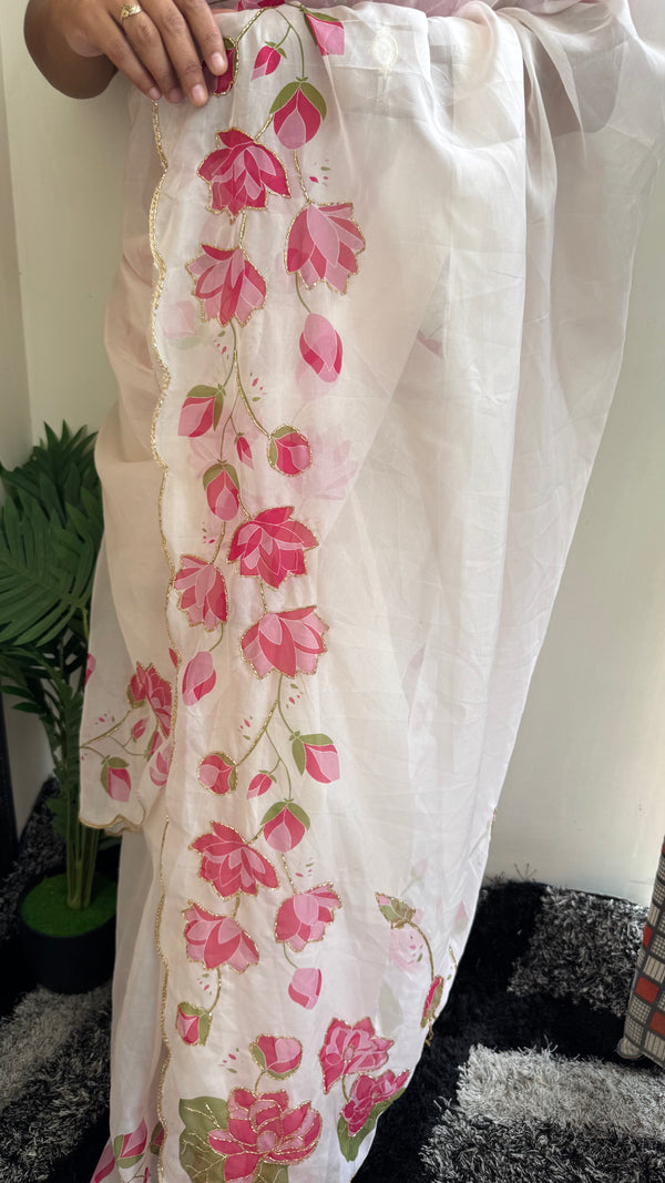 HOP156 — Pure Soft Silk Saree with Floral Print & Handwork
