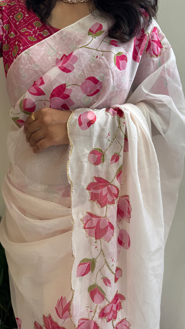 HOP156 — Pure Soft Silk Saree with Floral Print & Handwork