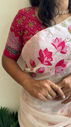 HOP156 — Pure Soft Silk Saree with Floral Print & Handwork