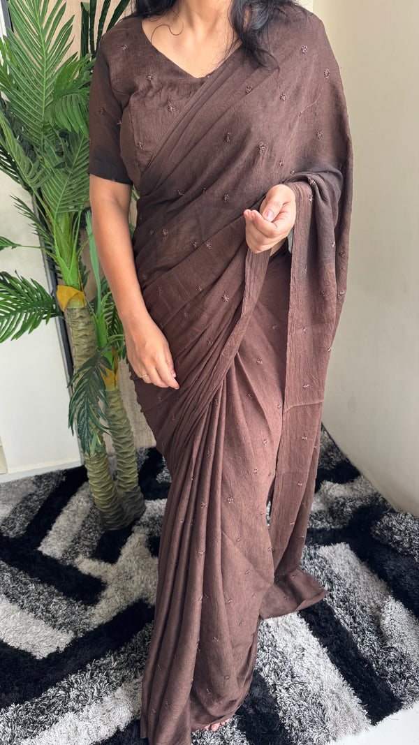 Partywear Crush Fabric Saree with Coffee Beads Butti Work — HOP163