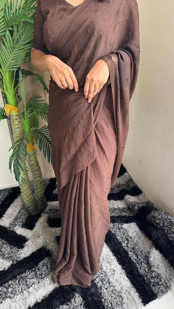 Partywear Crush Fabric Saree with Coffee Beads Butti Work — HOP163