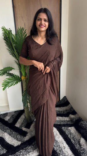 Partywear Crush Fabric Saree with Coffee Beads Butti Work — HOP163