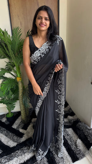 Premium Tabi Silk White Thread Work Saree — HOP164