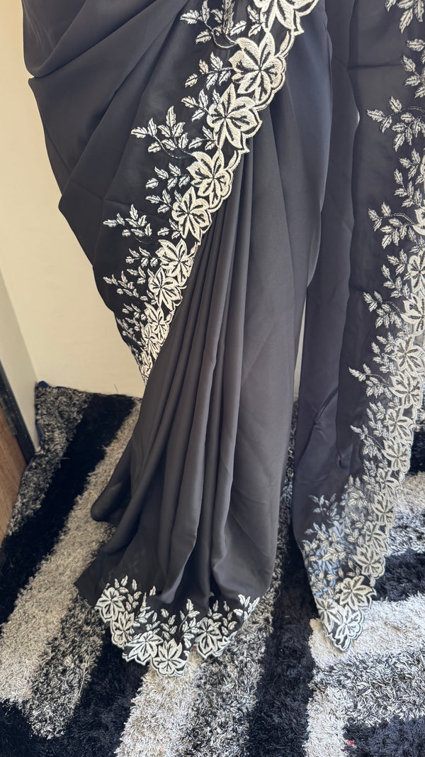 Premium Tabi Silk White Thread Work Saree — HOP164