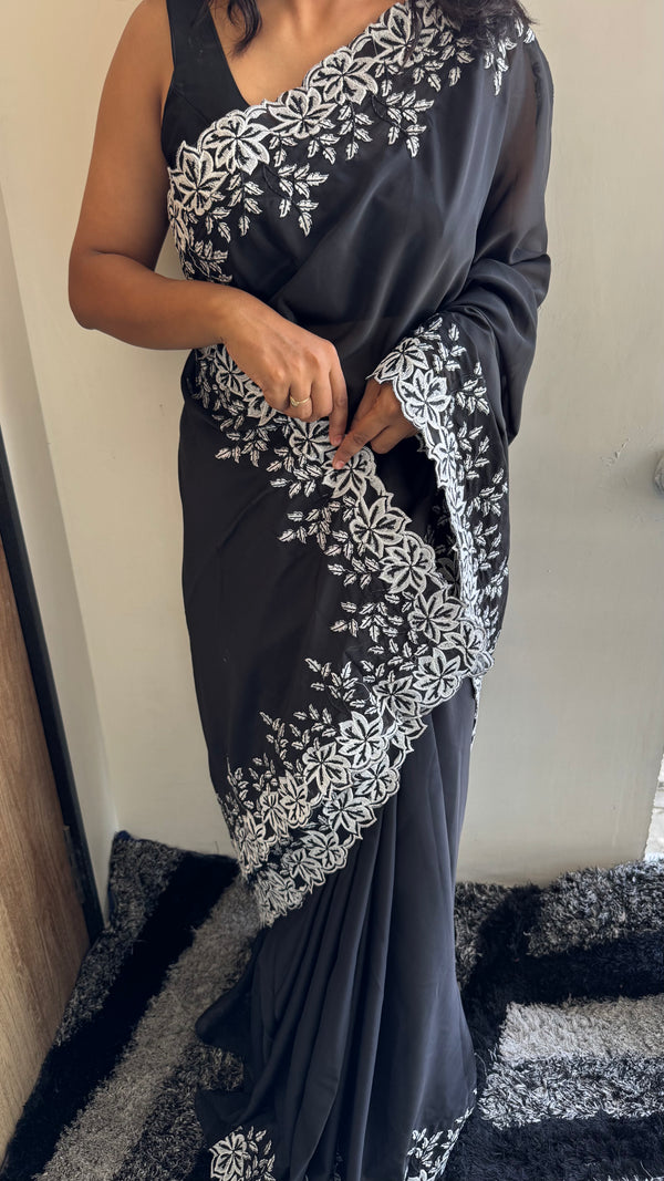 Premium Tabi Silk White Thread Work Saree — HOP164