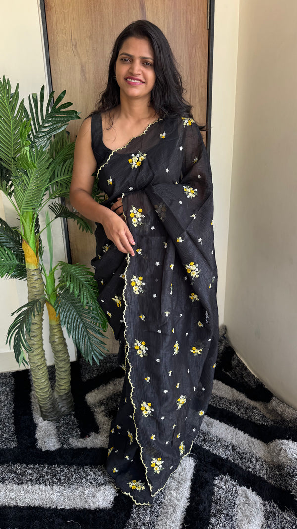Crunchy Multi Saree with Embroidery Work & Contrast Designer Blouse — HOP168